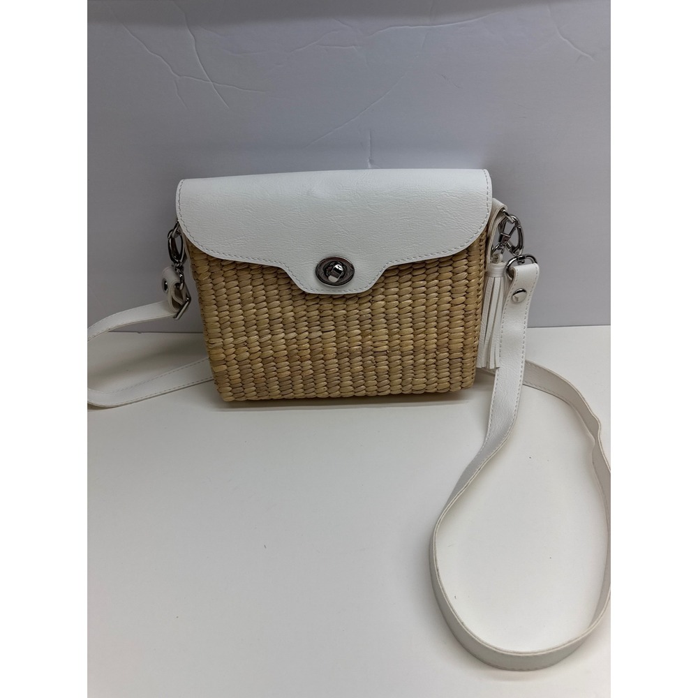 Sea & Grass Woven Seagrass CrossbodyBag White Flap Tassel Turn Lock Summer Purse